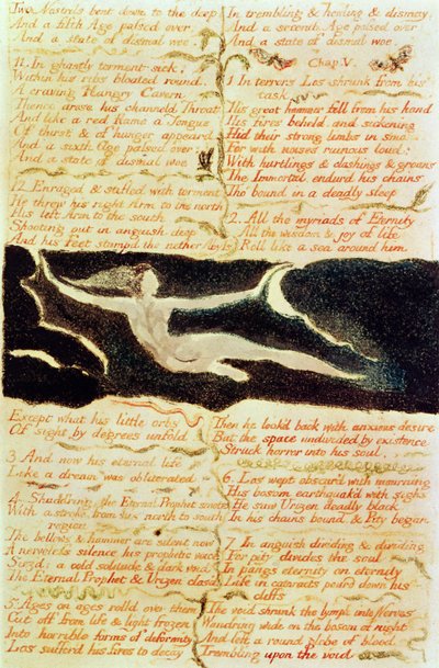 「2つの鼻孔は深部に曲がっています...」、プレート11、「ウリゼンの最初の書」1794（紙にペンとトイレ） 作： William Blake